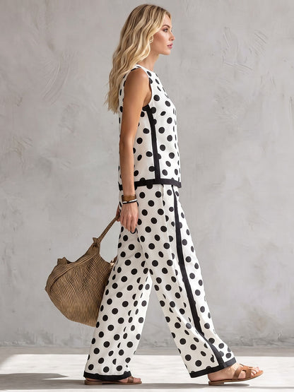 Sleeveless Contrast Color Polka Dot Round-Neck Tank Top