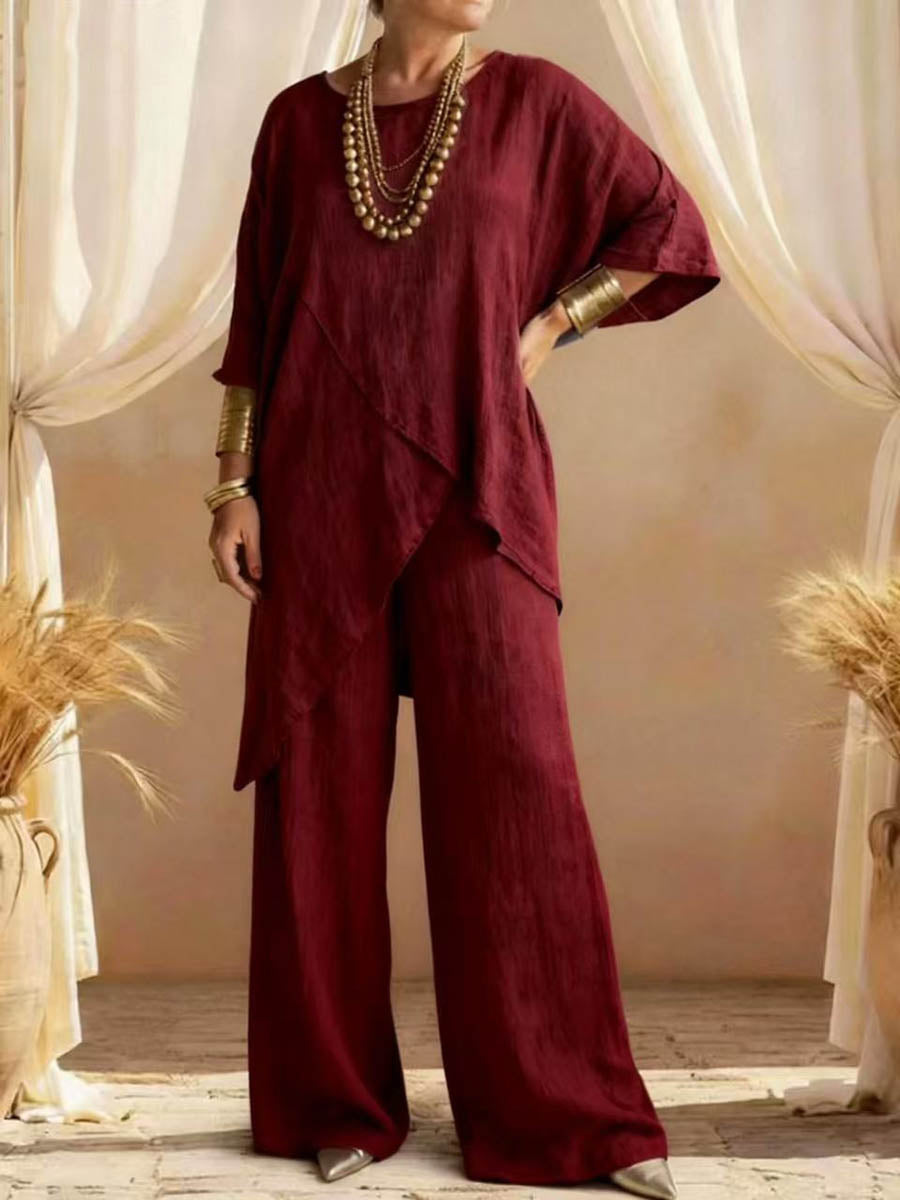 Loose Plus Size Asymmetric Solid Color Round-Neck Blouses&Shirts Tops + Pants Two Pieces Set