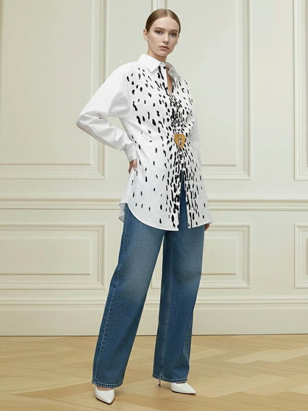 Long Sleeves Loose Brooch Elasticity Heart Shape Pleated Print Lapel Collar Blouses&Shirts Tops