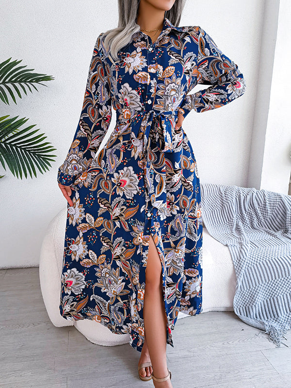 Robe longue boutonnée à manches longues et imprimé floral, taille nouée et revers 
