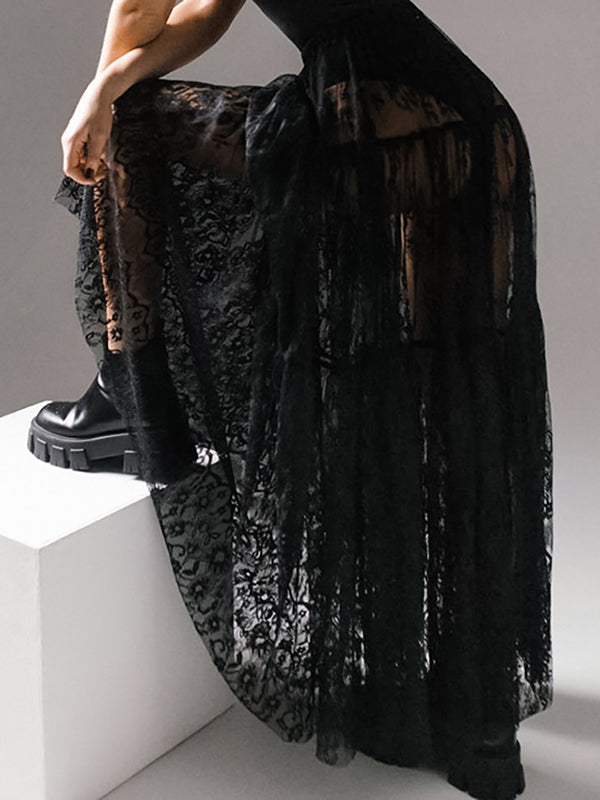 A-Line High Waisted Elasticity Hollow Jacquard Mesh See-Through Split-Joint Skirts Bottoms