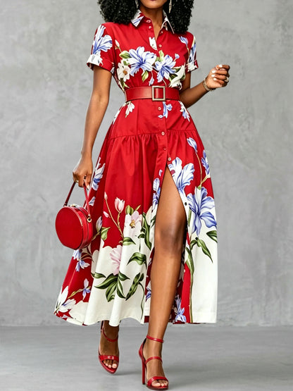 High Waisted Loose Buttoned Contrast Color Flower Print No Belt Pleated Split-Joint Lapel Midi Dresses Shirt Dress