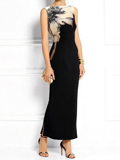 Bodycon Long Sleeves Floral Printed Split-Back Split-Joint Boat Neck Maxi Dresses