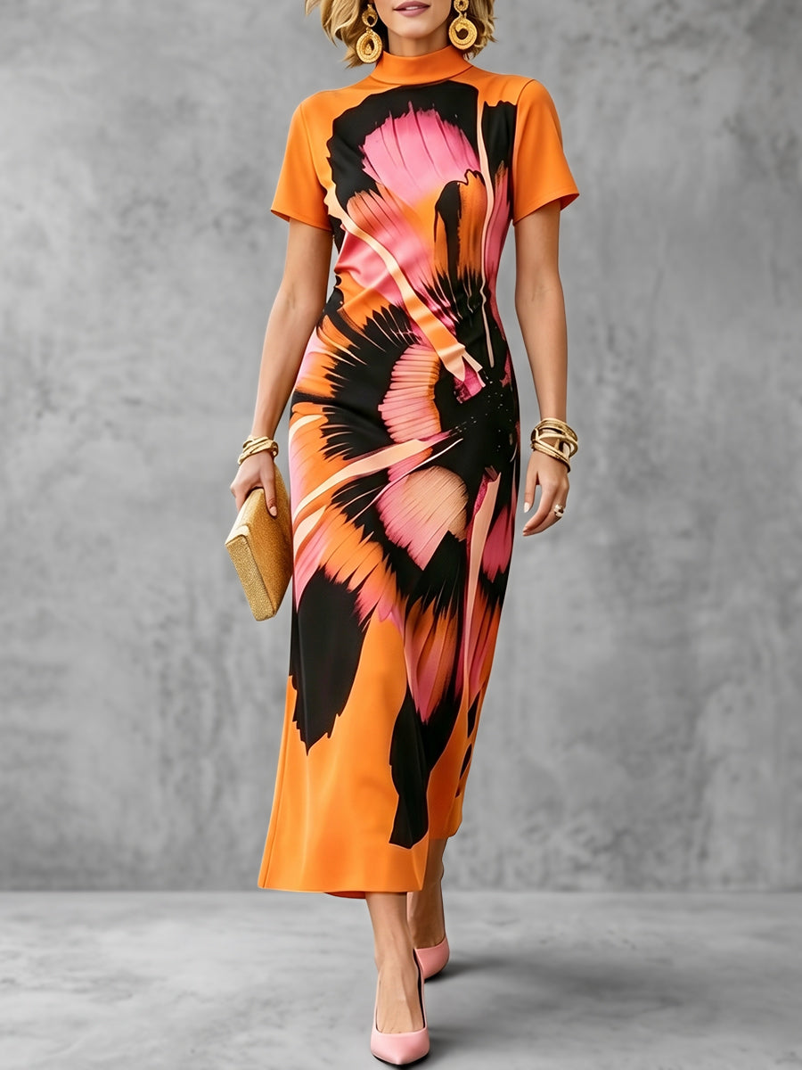 Bodycon Short Sleeves Contrast Color Printed High Neck Maxi Dresses