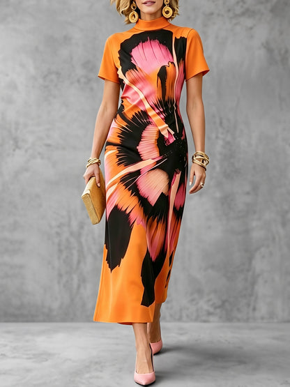 Bodycon Short Sleeves Contrast Color Printed High Neck Maxi Dresses