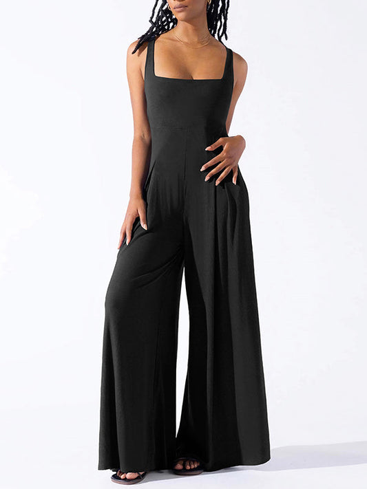 Loose Sleeveless Pleated Solid Color Spaghetti-Neck Jumpsuits