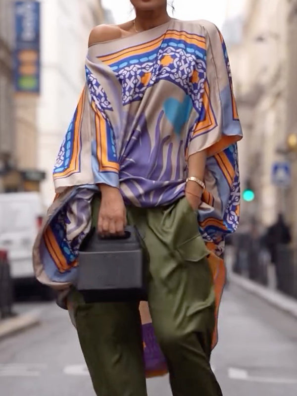 Batwing Sleeves Half Sleeves Contrast Color Printed One-shoulder Blouses&shirts Tops