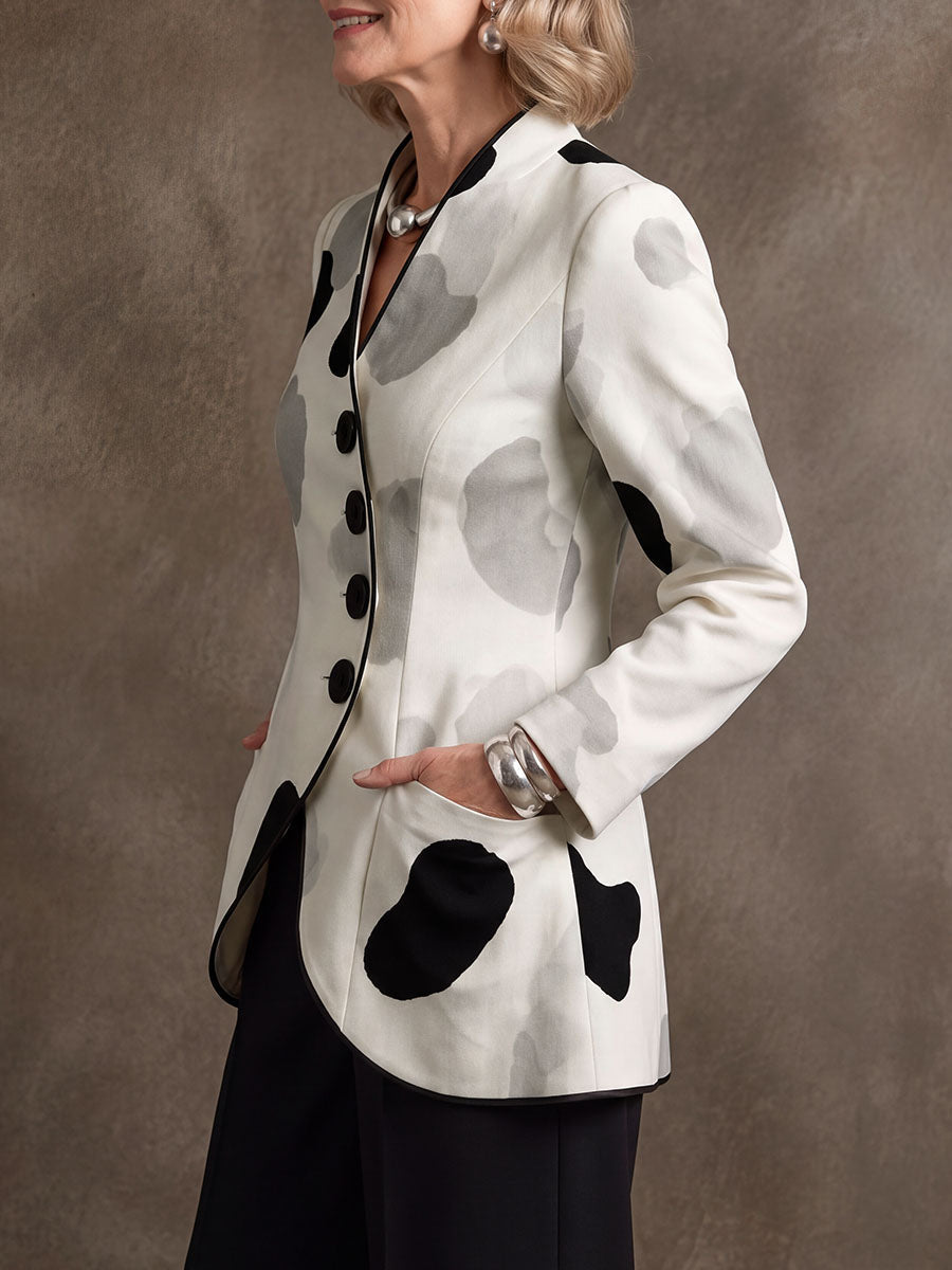 Printed Pockets Contrast Color Buttoned Long Sleeves Stand Collar Outerwear