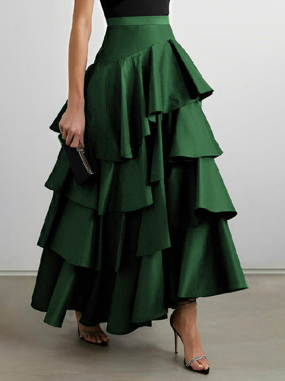 A-Line High Waisted Falbala Solid Color Long Skirts Skirts Bottoms