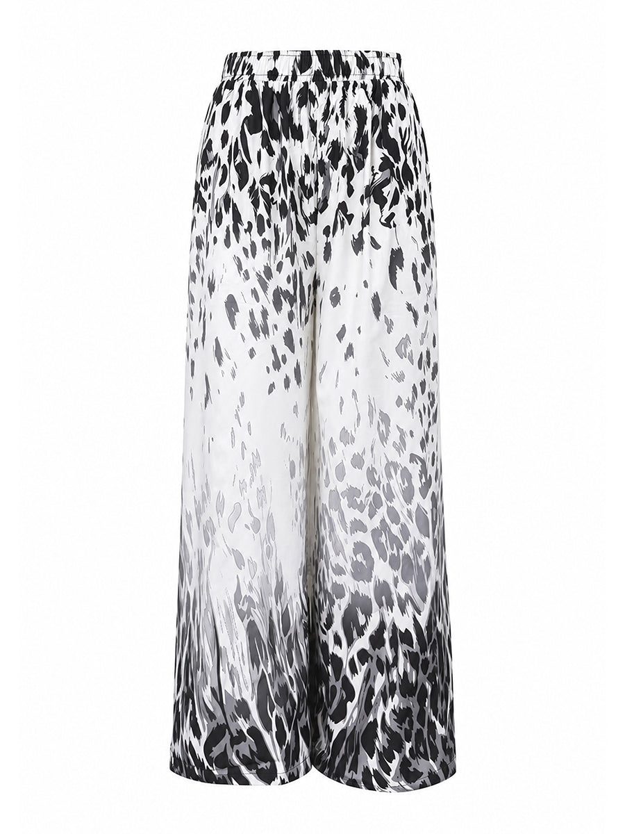 Pockets Leopard Gradient Elasticity Wide Leg Loose Wide Leg Pants Trousers