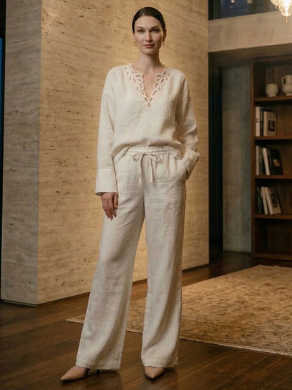 High Waisted Elasticity Pockets Solid Color Tied Waist Pants Trousers
