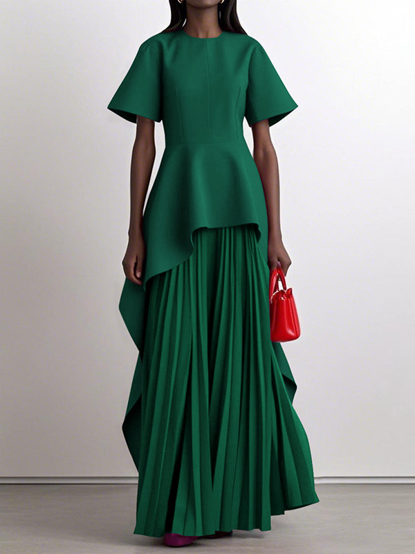 Robe longue trapèze taille haute plissée couleur unie à col rond et fente 