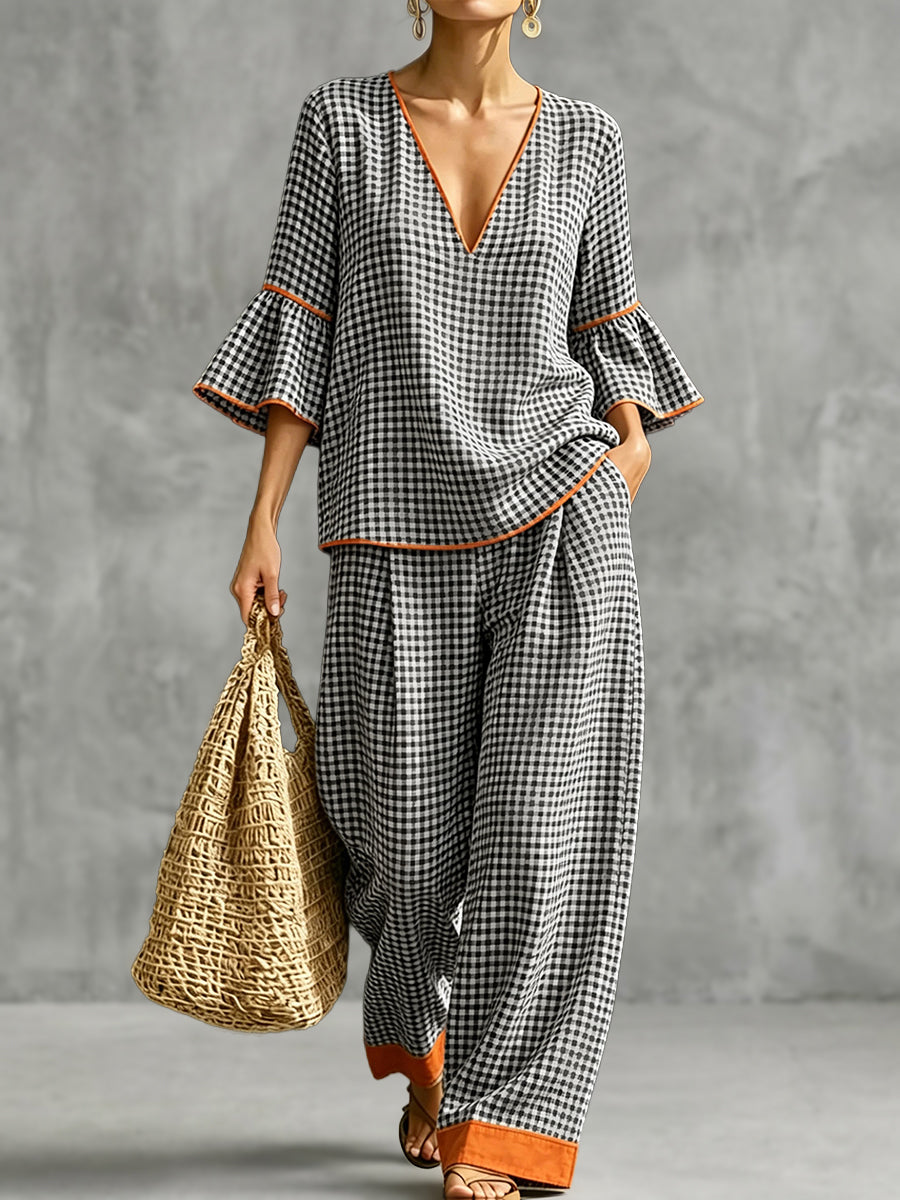Pockets Plaid Contrast Color Wide Leg High Waisted Trousers Pants