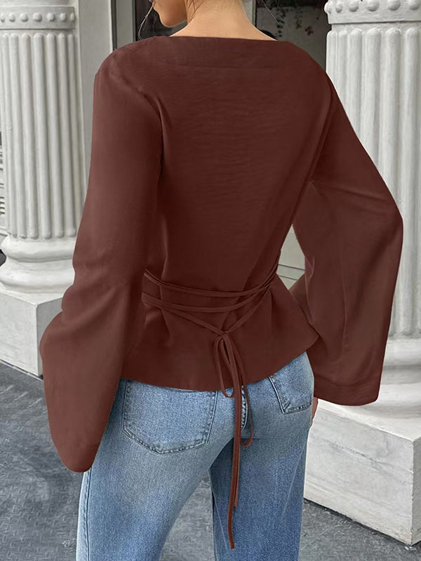 Elasticated Waist Flared Sleeves Solid Color Split-Joint Tied Waist Round-Neck T-Shirts Tops