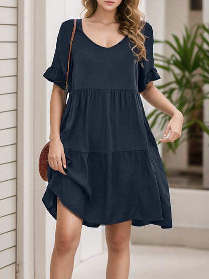 A-Line Flared Sleeves Pleated Pockets Ruffled Solid Color Split-Joint Round-Neck Mini Dresses