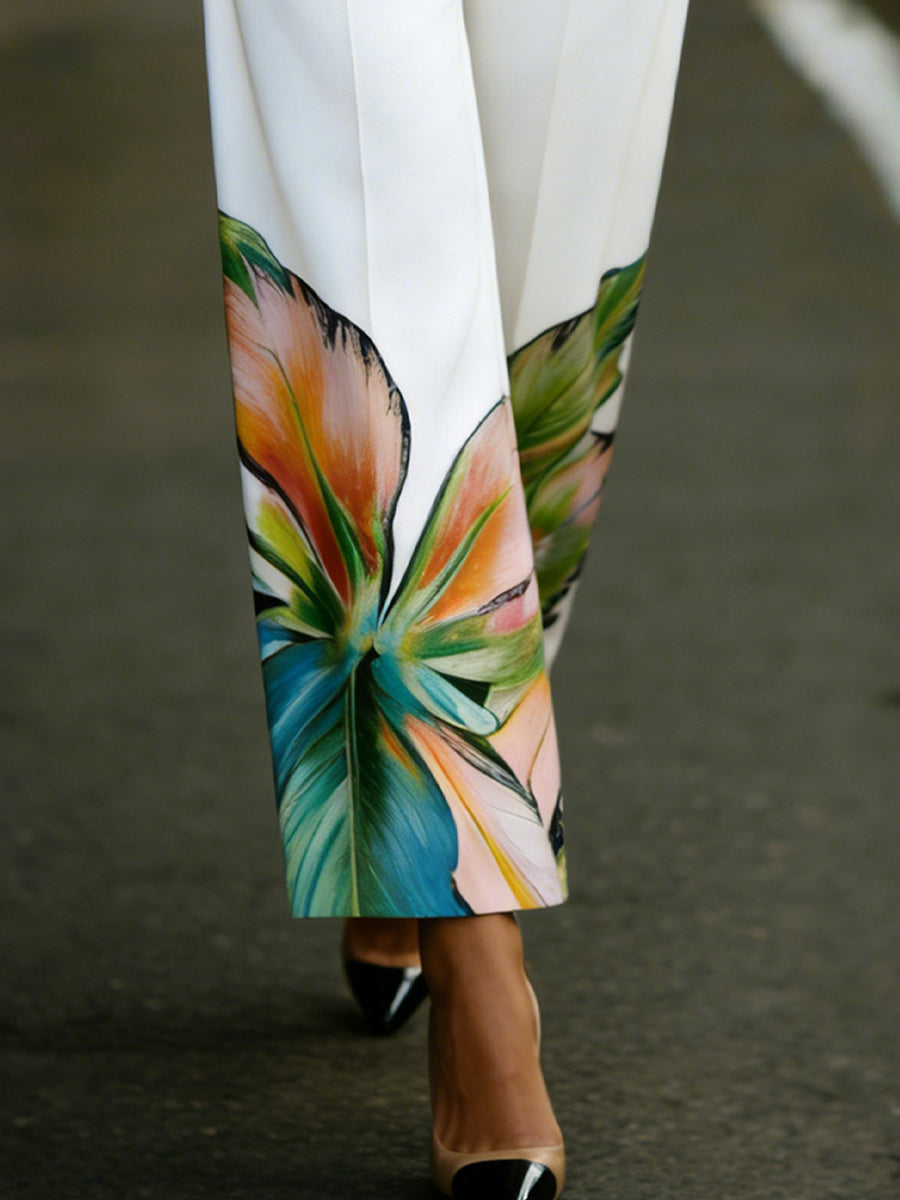 Pockets Flower Print High Waisted Trousers Pants