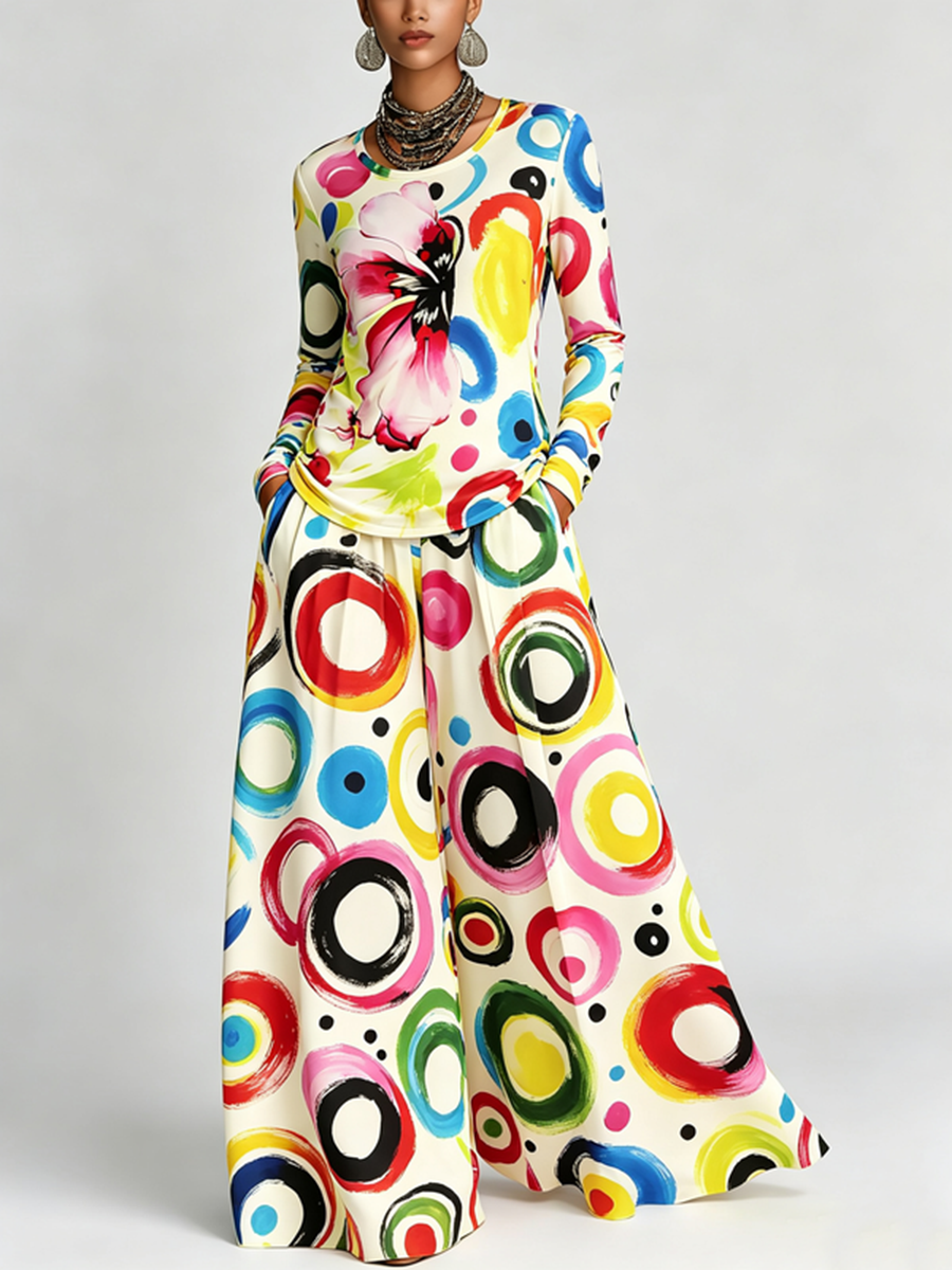 Printed Flower Print Contrast Color Colorful Long Sleeves Round-neck T-Shirts Tops