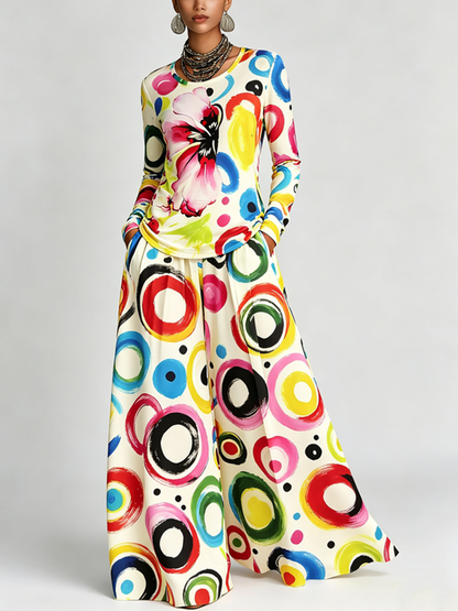 Printed Flower Print Contrast Color Colorful Long Sleeves Round-neck T-Shirts Tops