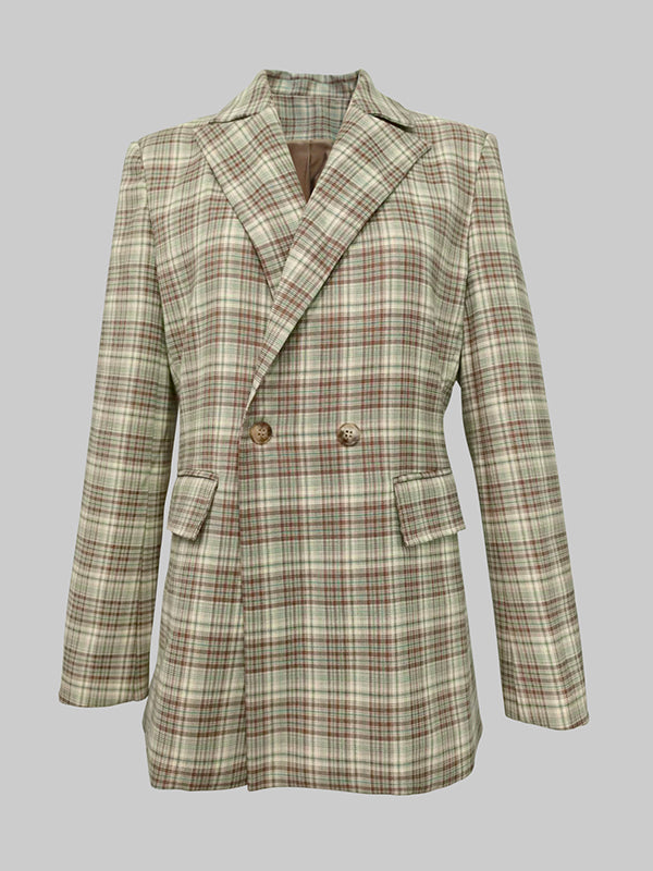 Long Sleeves Loose Buttoned Plaid Pockets Lapel Blazer Outerwear