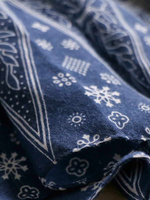 Printed Blue-And-White Sun-Protection Tasseled Shawl&Scarf