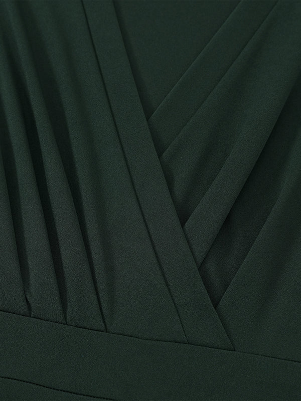 A-Line Long Sleeves Gauze Pleated Split-Joint V-Neck Midi Dresses