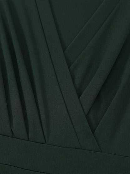 A-Line Long Sleeves Gauze Pleated Split-Joint V-Neck Midi Dresses