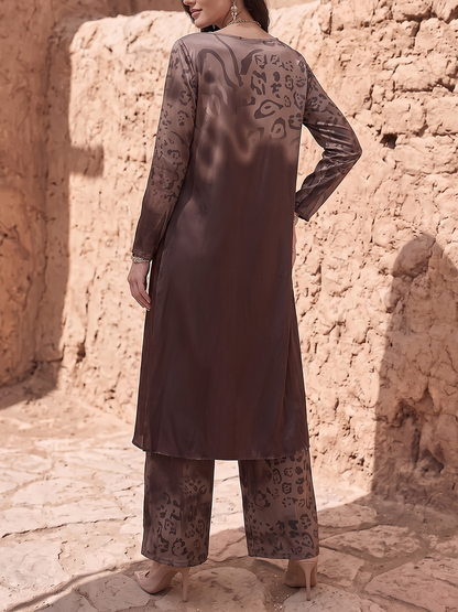Contrast Color Leopard Printed Split-Joint Round-neck High-low Asymmetric Buttoned Blouses&shirts Tops + High Waisted Pants Trousers Two Pieces Set
