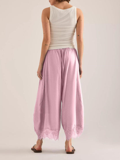 Split-Joint Solid Color Pockets Elasticity Drawstring Wide Leg Loose Trousers Pants
