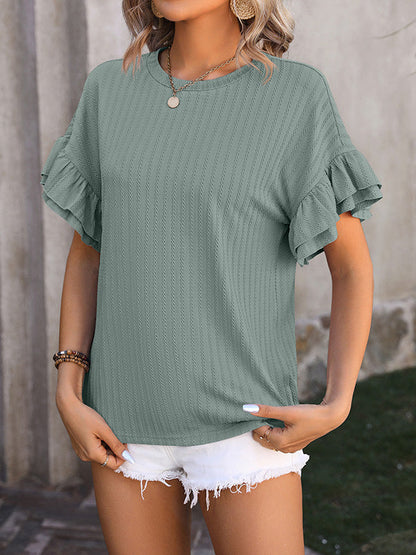 Wrap Falbala Solid Color Round-Neck T-Shirts Tops