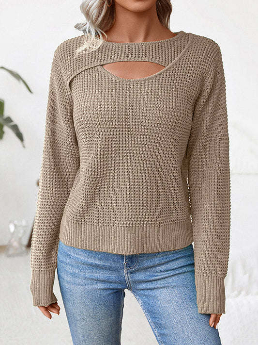 Long Sleeves Loose Hollow Solid Color Split-Joint Round-Neck Pullovers Sweater Tops
