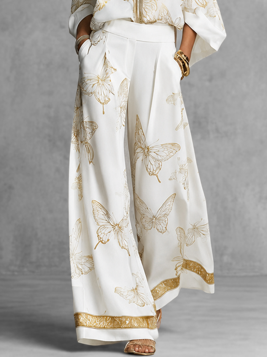 High Waisted Wide Leg Butterfly Print Contrast Color Pockets Pants Trousers