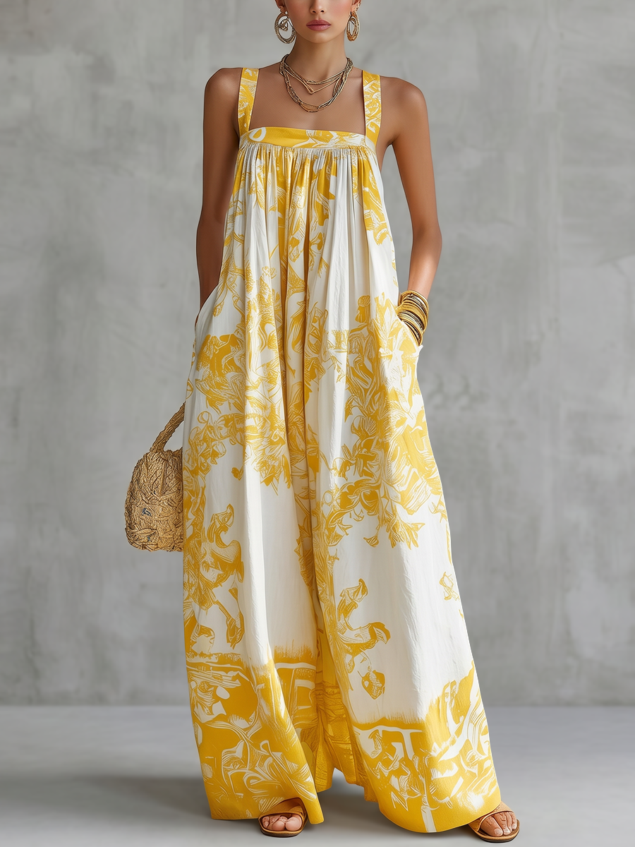 Loose Sleeveless Flower Print Pleated Pockets Spaghetti-Neck Jumpsuits