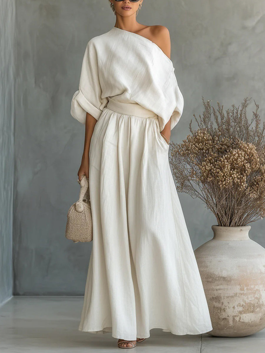 Loose Solid Color One-Shoulder Blouses&Shirts Tops + High Waisted Pleated Pockets Pants Trousers Two Pieces Set