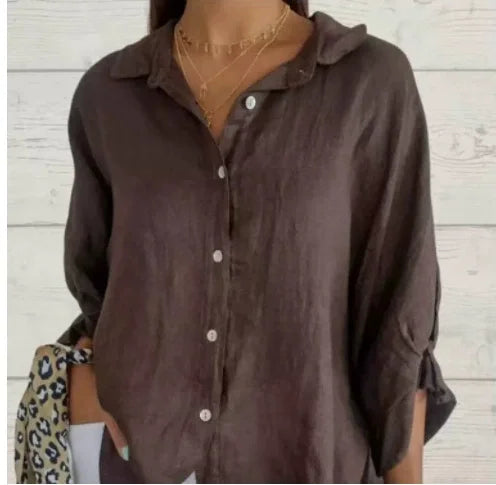 Cotton and Linen Tie Back Design Shirt Brown S
