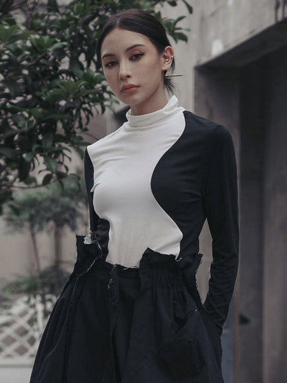 T-shirts urbains skinny à manches longues et col montant asymétriques contrastés 