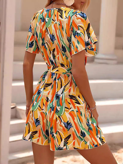 High Waisted Loose Printed Tied Waist V-Neck Mini Dresses