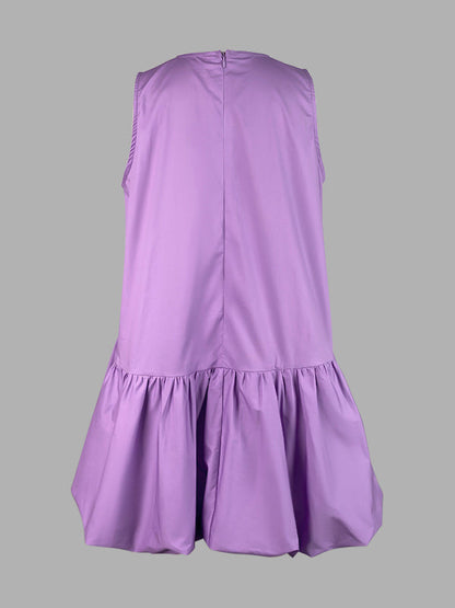 High Waisted Loose Pleated Solid Color Round-Neck Mini Dresses