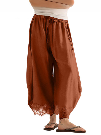 Split-Joint Solid Color Pockets Elasticity Drawstring Wide Leg Loose Trousers Pants
