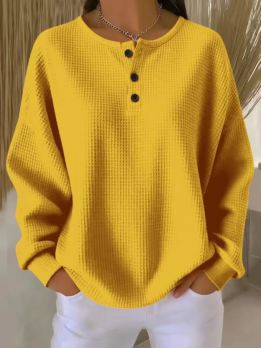 Solid Color Buttoned Plus Size Loose Round-neck Sweatshirt Tops
