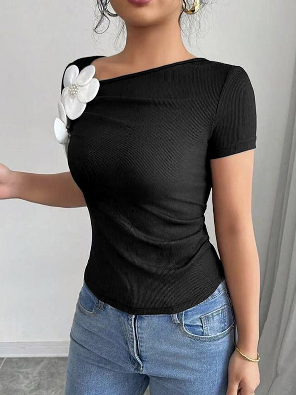Short Sleeves Skinny Pleated Solid Color Three-Dimensional Flower Asymmetric Collar T-Shirts Tops