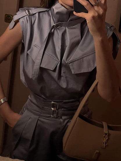 Chemisiers et chemises amples sans manches à col montant et boucle de couleur unie 