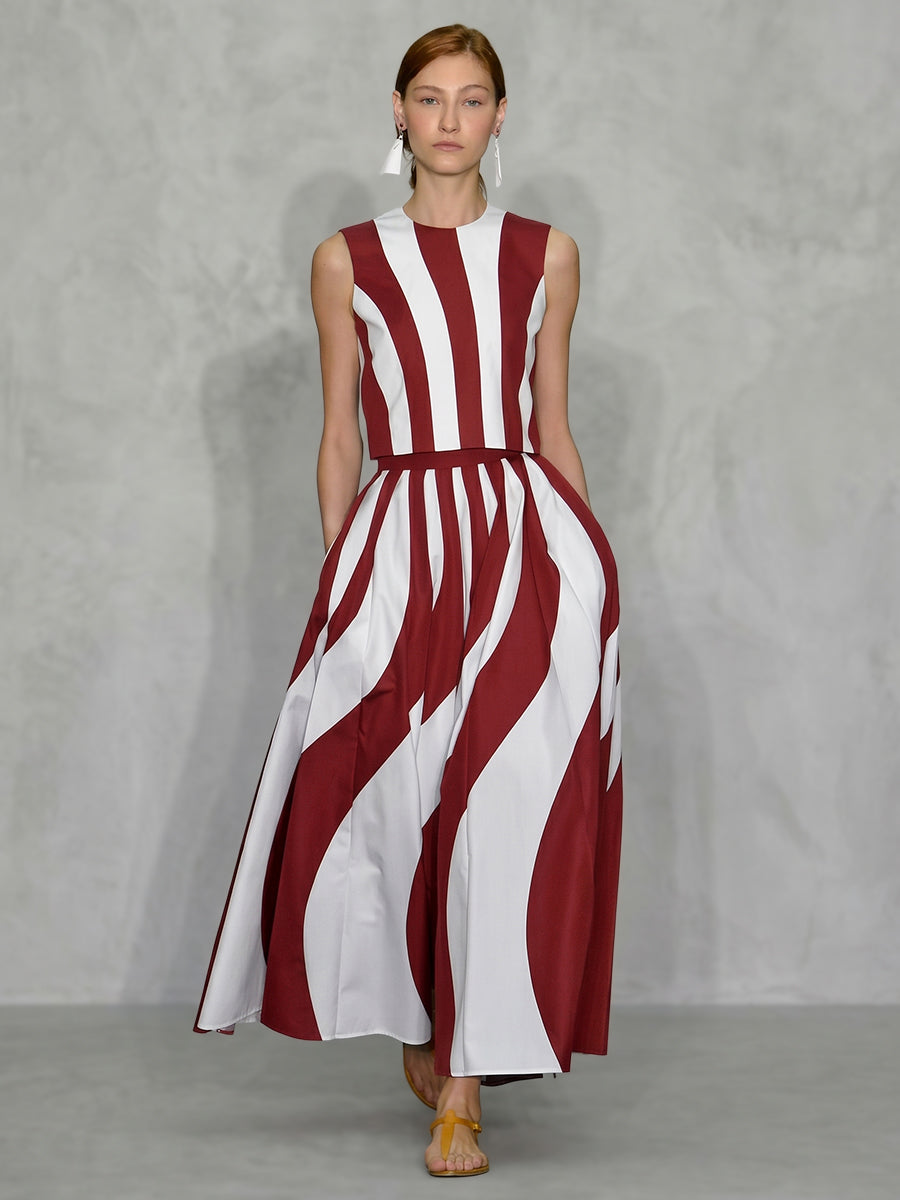 A-Line High Waisted Contrast Color Pleated Pockets Wave Print Skirts Bottoms