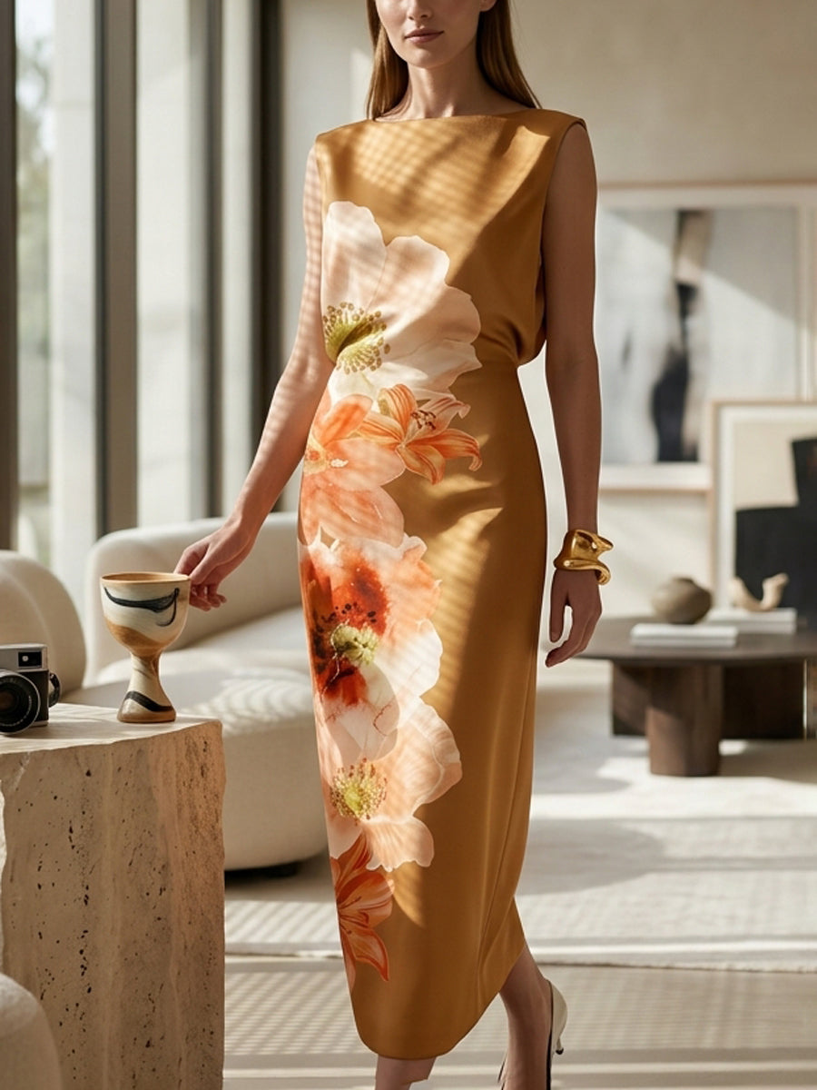 Sleeveless Flower Print Round-Neck Maxi Dresses