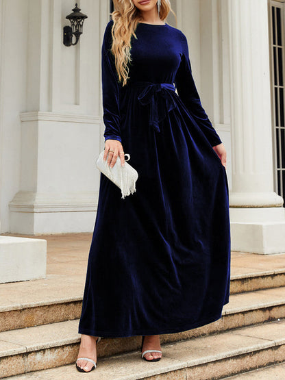Long Sleeves Wrap Belted Pleated Solid Color Zipper Round-Neck Maxi Dresses