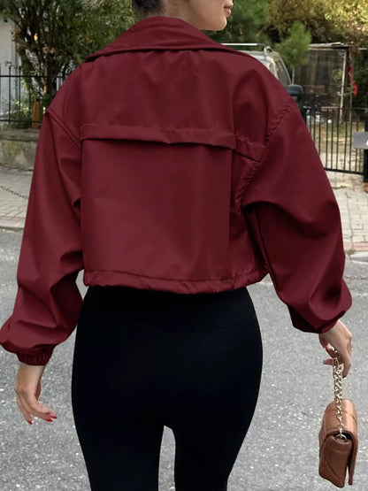 Crop Drawstring Hem Zip Up Jacket