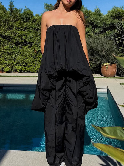 High-Low Sleeveless Elasticity Pleated Solid Color Split-Joint Tube Blouses&Shirts Tops