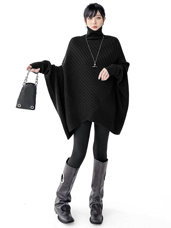 Batwing Sleeves Irregularity Asymmetric Ribbed Knit Solid Color Split-Joint High Neck Sweater Tops