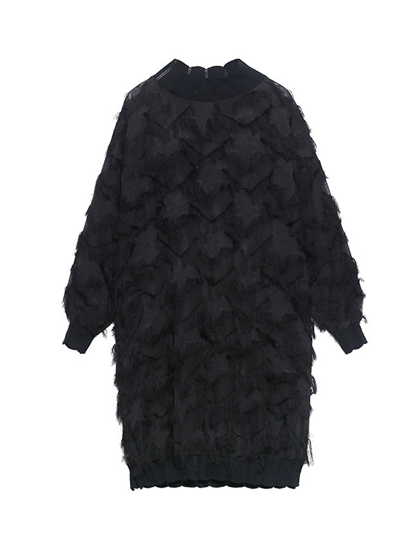 Irregularity Long Sleeves Asymmetric Mesh Pockets See-Through Solid Color Split-Joint Tasseled Stand Collar Midi Dresses