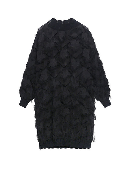 Irregularity Long Sleeves Asymmetric Mesh Pockets See-Through Solid Color Split-Joint Tasseled Stand Collar Midi Dresses