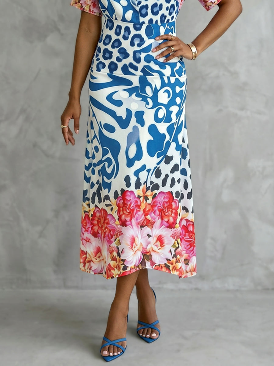 High Waisted Contrast Color Flower Print Leopard Split-Joint Skirts Bottoms